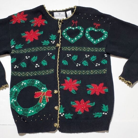 Vintage Holiday Cardigan Sweater Size M Winter Poinsettia Hand Knit Womens - Picture 1 of 14